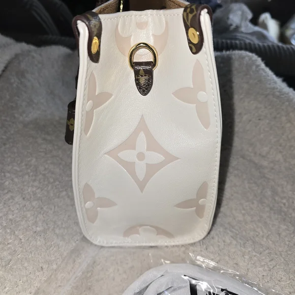 Cream and Brown Monogram Tote with Scarf AND CHARM 10x8 - Picture 4 of 12